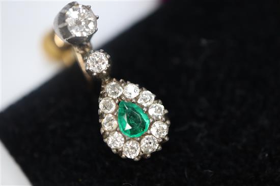 A pair of 19th century, yellow and white metal, emerald and diamond drop earrings, 17mm.